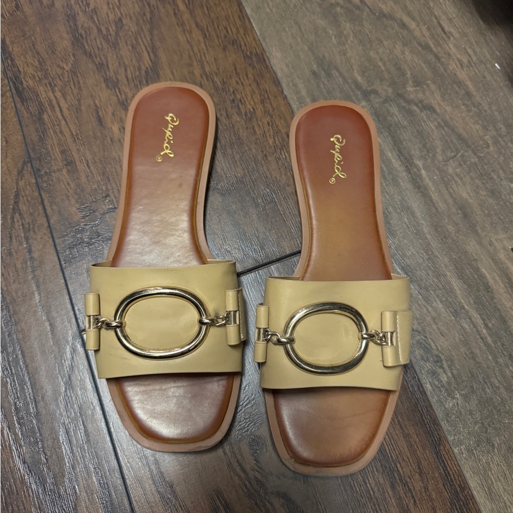 Qupid Beige Slide Sandals with Gold Ring Accent